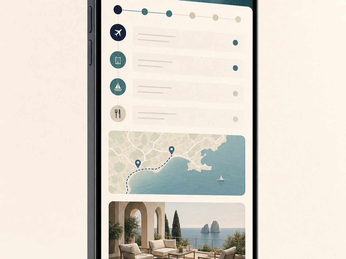 A travel companion app open on a phone, showing a day-by-day plan, map, and venue cards