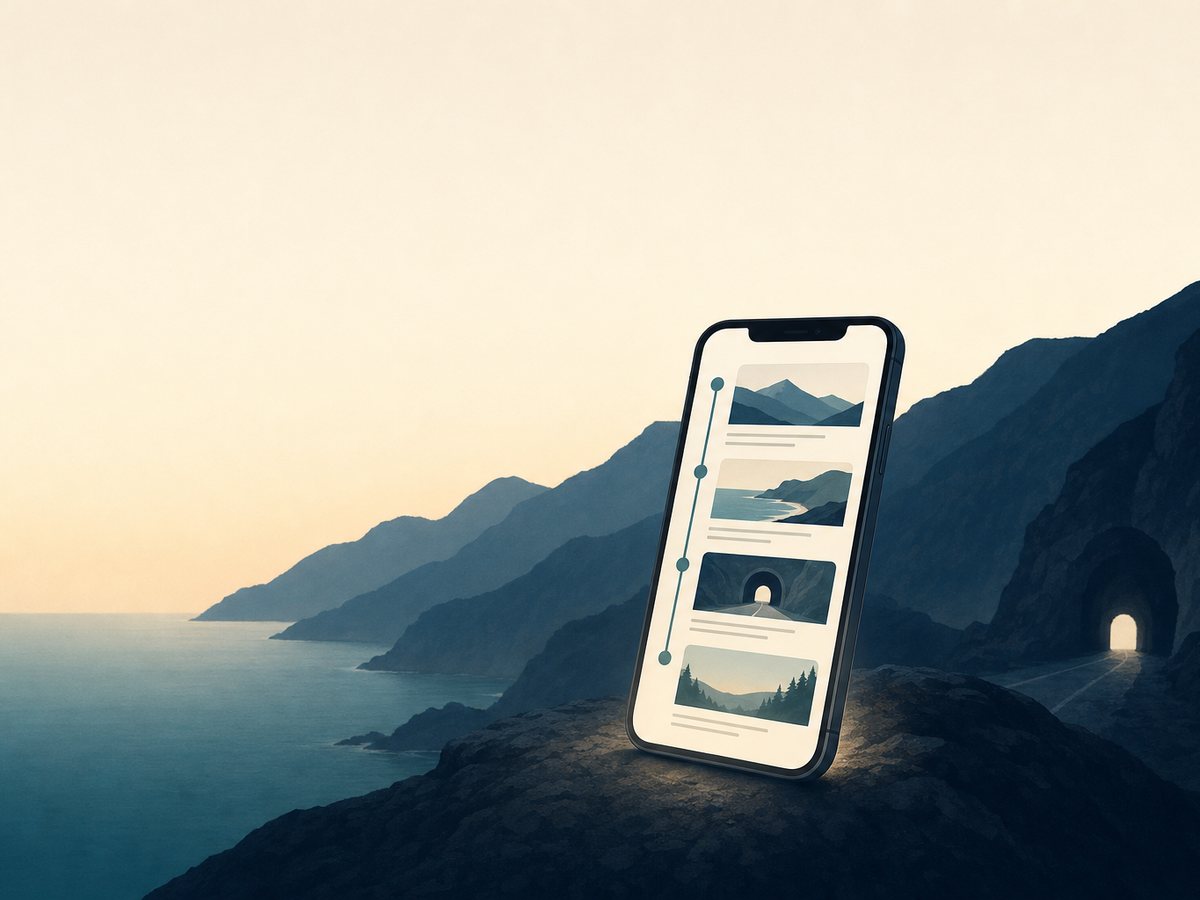 A phone fully working on a remote coastline with no signal, showing the itinerary